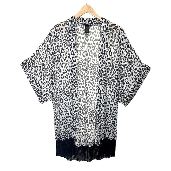 STEVE Madden Sheer Black White Fringed Swim Cover up Kimono Leopards Print O/S - Picture 2 of 10